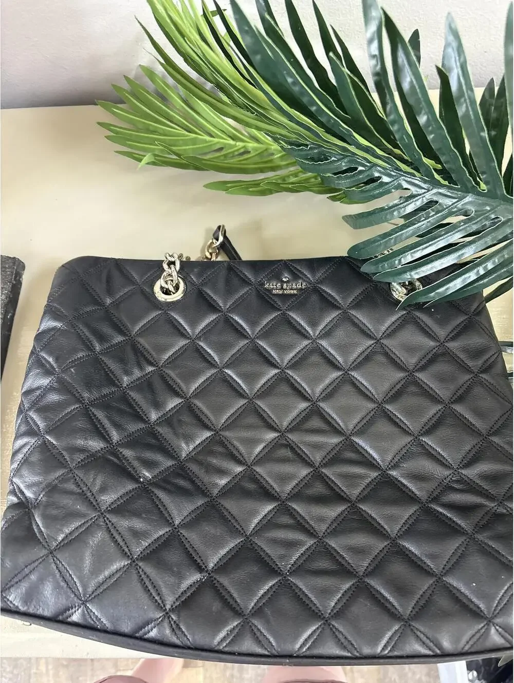 Kate Spade Black Quilted Leather Tote Bag with Chain Handles Purse Ladies